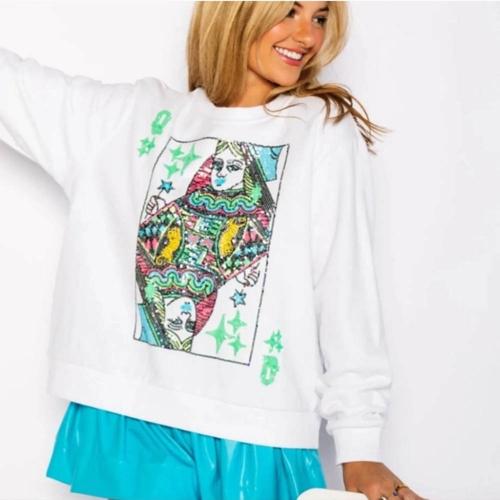 QUEEN OF SPARKLES Sweatshirt Beaded Queen Of Diamonds Card Logo Bright Green XL - Picture 9 of 11